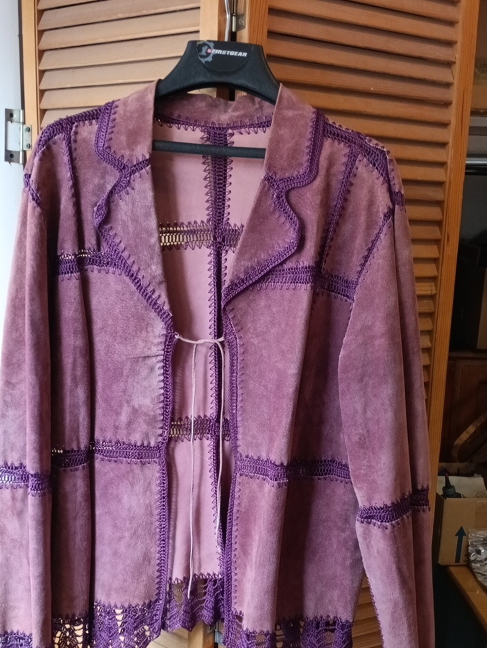 Brandon Thomas Purple Suede Crochet-Trim Open Jacket Vintage Size XL Boho Hippie